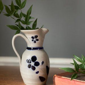 Williamsburg Pottery 7"  Pitcher Stoneware Salt Glaze Cobalt Blue Flower Design